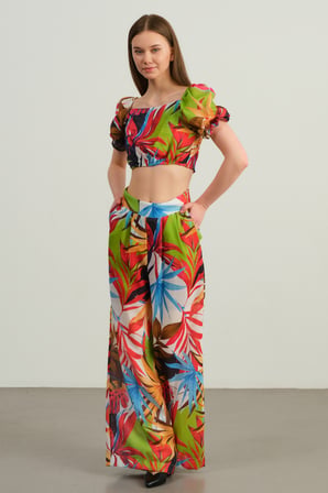 Tropikal Desenli Crop Bluz & Palazzo Pantolon Takım - Yeşil