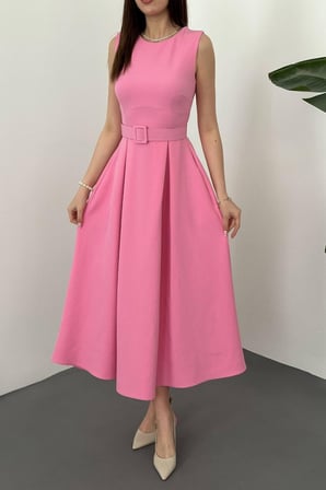 Pembe Halter Yaka Kloş Elbise - PEMBE
