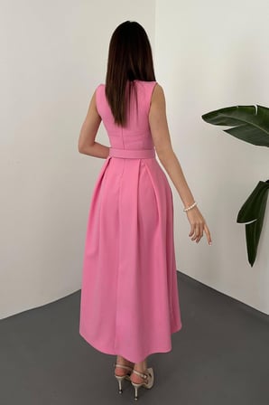 Pembe Halter Yaka Kloş Elbise - PEMBE