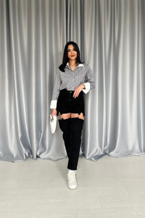 Siyah Askılı İki Parça Jeans Pantolon