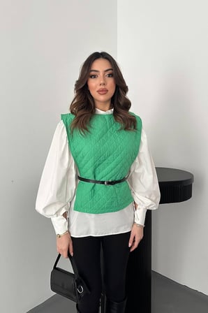 Yeşil Kemerli Gömlek Ve Panço Takım