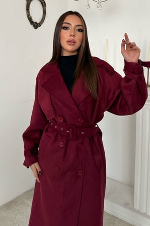 Bordo Reglan Kollu Süet Trençkot