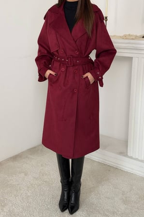 Bordo Reglan Kollu Süet Trençkot