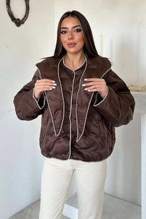 Kahverengi Süs Dikiş Detaylı Mont
