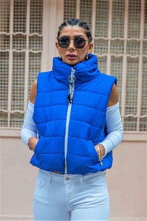 Saks Mavi Dik Yaka Beli Lastikli Cepli Kısa Şişme Yelek
