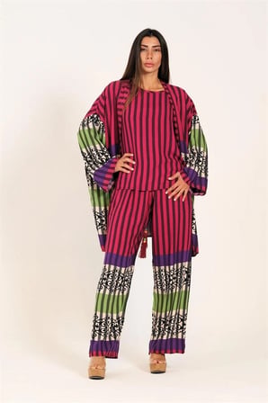 Fuşya Çizgili Tunik Bluz Pantolon Üçlü Takım