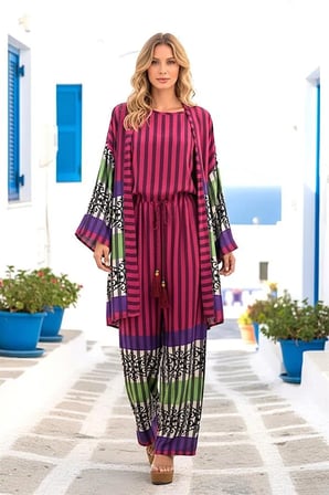 Fuşya Çizgili Tunik Bluz Pantolon Üçlü Takım