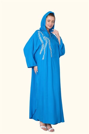 Mavi Kapüşonlu Nakışlı Cepli Oversize Uzun Elbise