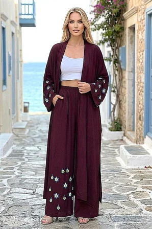 Bordo Mavi Boncuk Kimono Pantolon Takım