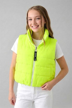 Kız Çocuk Neon Yeşil Sırtı Taş Baskılı Dik Yaka Şişme Yelek