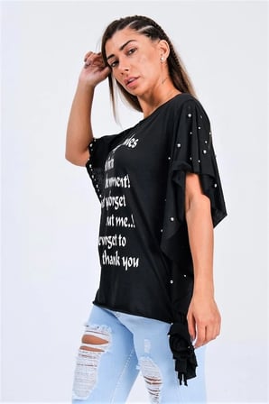 Siyah Yarasa Kollu Yazılı Zımba Detaylı Bağlamalı T-Shirt