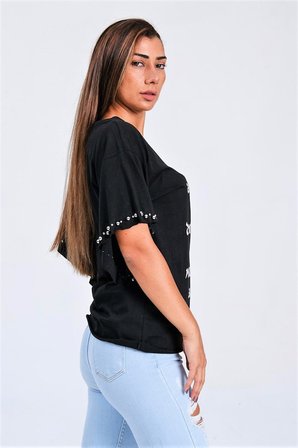 Siyah Yarasa Kollu Yazılı Zımba Detaylı Bağlamalı T-Shirt