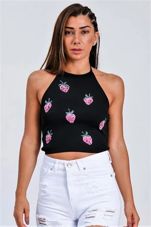 Siyah Çilek Kabartma Baskı Boyundan Bağlamalı Crop Örme Bluz