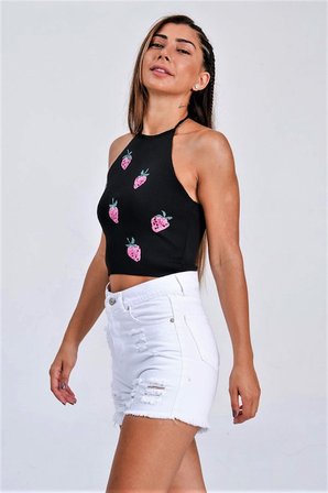 Siyah Çilek Kabartma Baskı Boyundan Bağlamalı Crop Örme Bluz