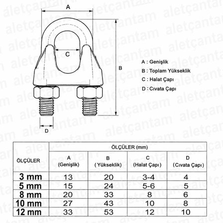 Aletçantam Klemens Çelik Halat Klemensi  (5 li paket) 10 mm