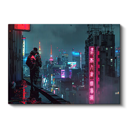 Neon Şehir - Yağmurlu Gece Anime Kanvas Tablo