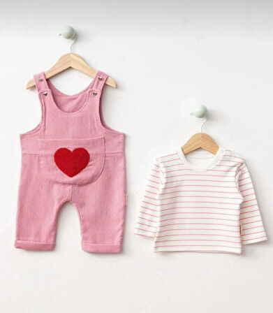 Kalp Punch İşlemeli Salopet Takım - Pembe