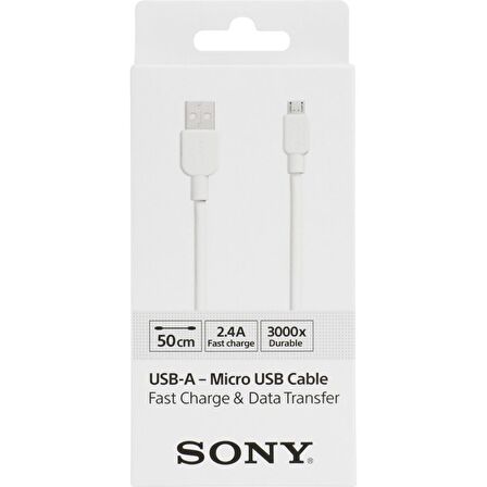 Sony CP-AB50 50CM Micro Usb 2.4A Hızlı Şarj Ve Data Kablosu Beyaz