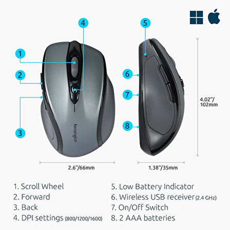 Kensington Pro Fit USB Wireless Mid-Size Mouse Gri (K72423WW)