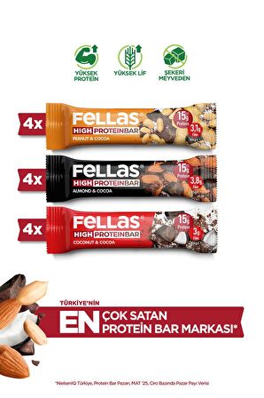Yüksek Protein Bar 45g Karma Kutu 12 Adet (3 Çeşit)