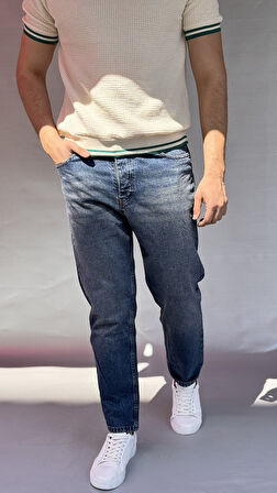 Yıkamalı Koyu Mavi Boyfriend Pantolon