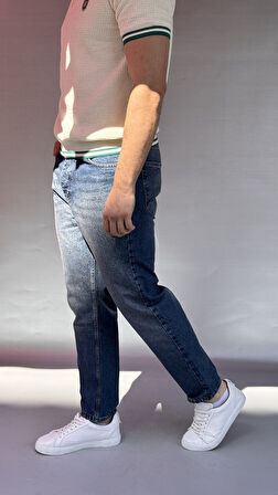 Yıkamalı Koyu Mavi Boyfriend Pantolon