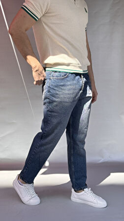 Yıkamalı Koyu Mavi Boyfriend Pantolon