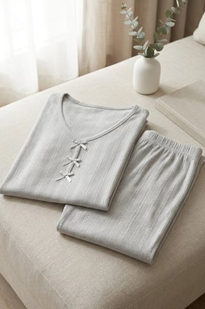 Kadın Bambu Viskon Transfer Ribana Kısa Kollu Düğmeli Biyeli Soft Örme Pijama Takımı