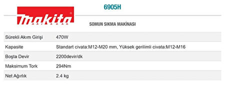 MAKİTA 6905H ELEKTRİKLİ SOMUN SIKMA MAKİNESİ 6905H-12,7 MM-1/2"