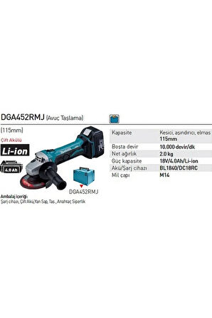 Makita Dga452Rmj Akülü Avuç Taşlama