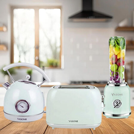 Yasomi Retro Kahvaltı Seti Su Isıtıcı Kettle + Smoothie Blender + Ekmek Kızartma Makinesi (Yeşil)