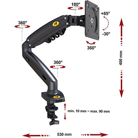 North Bayou NB F80 17"-30" Amortisörlü 2-9 kg Monitör Standı Yeni Tasarım 2023 Black Edition
