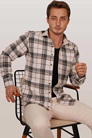 Krem Yeşil Desenli Oduncu Gömlek