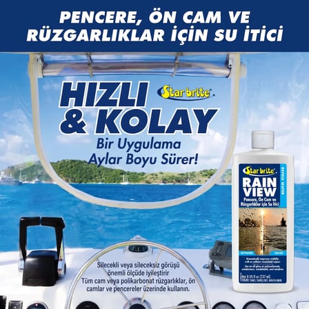 Starbrite® - Rain View Marin Cam Yağmur Kaydırıcı (237 ml): Yağmurlu ve Fırtınalı Havalarda Sınırsız Görüş Netliği, Su Damlalarına Yol Verin!