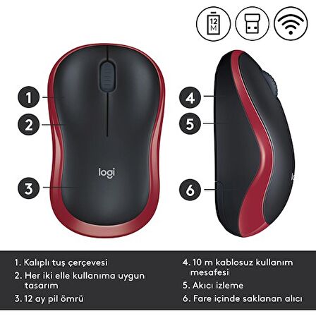 Logitech M185 USB Alıcılı Kompakt Kablosuz Mouse - Kırmızı