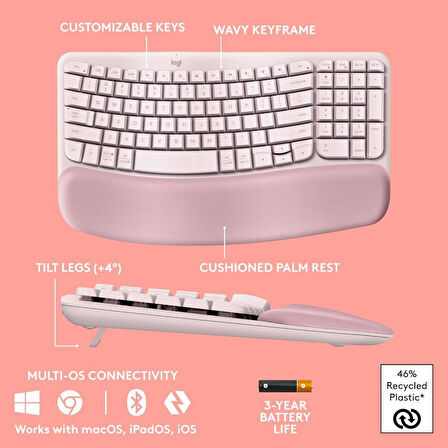 Logitech Wave Keys Kablosuz Bluetooth İngilizce Q Pembe Klavye
