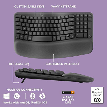 Logitech Wave Keys MK670 Combo M550 L Kablosuz Ergonomik İngilizce Klavye Mouse Seti Siyah
