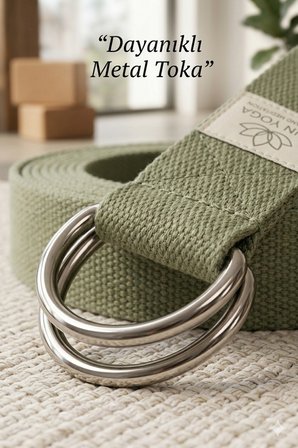 Doğal Organik Pamuk Yoga Kemeri Haki Yeşil 200 CM x 5 CM Yoga Strap Pilates Esneme Kayışı Dayanıklı Tokalı Yoga Bandı
