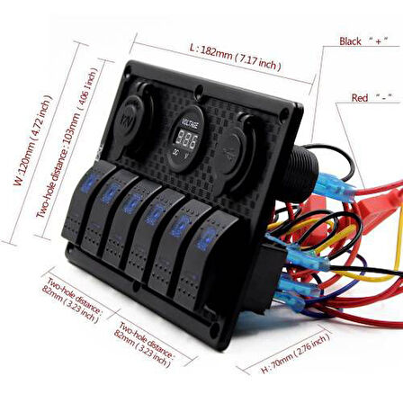 SWITCH PANEL 6 LI 12V,USB,VOLTMETRE (L6S3)111*180mm