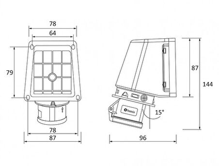 Bemis 3X16A 90 Derece Eğik Duvar Prizi IP 44 220 Volt BC1-1403-2535