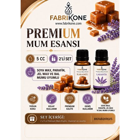 Premium Mum Esansı 5 cc 2'li Set - Karamel, Lavanta - Soya Wax, Parafin, Jel Wax ve Bal Mumu Uyumlu BKFAB2KRLV5