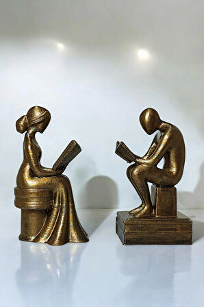 Kitap Okuyan Kadın & Erkek Figür Seti – Bronz Dokulu Dekoratif Heykel-  ! Yükseklik 8 cm