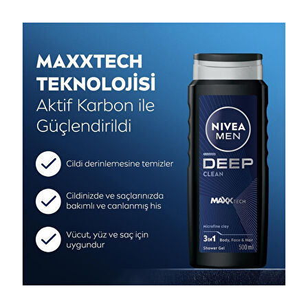 Nıvea MEN Erkek Deep Dimension Duş Jeli 500ml, 3ü1Arada Komple Bakım, Vücut Saç Yüz, Erkeksi Koku, X3Adet
