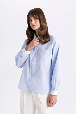 DeFacto Relax Fit Fermuarlı Poplin Uzun Kollu Gömlek Tunik C7826AX24SMBE745