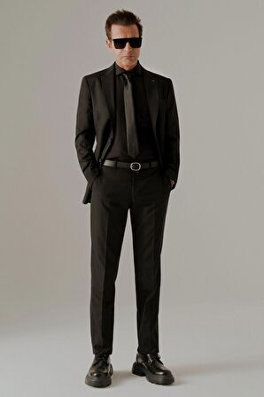 Slim Fit Siyah Düz Mono Yaka Çift Yırtmaçlı Astarlı Takim Elbise 4HF05ORT01577