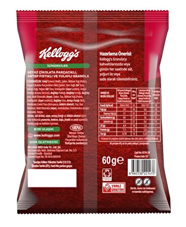 Kellogg's Beyaz Çikolata Parçacıklı&Antep Fıstıklı Granola 60Gr x10Adet,%46 Yulaf içerir,Lif Kaynağı