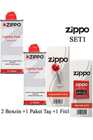 Zippo Çakmak ikmal Seti 2 Bidon Benzin Fitil Taş Set1