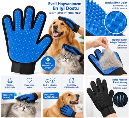 Bak Gel Al BakGelAl Evcil Hayvan Tüy Toplama ve Masaj Eldiveni,  Kedi ve Köpekler İçin Özel Tarama Eldiveni (Mavi)