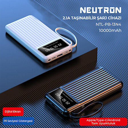 Neutron 10.000 Mah Kablolu Dijital Göstergeli El Feneri Özellikli Powerbank - Siyah - NTL-PB-13N4