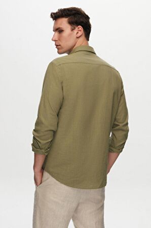 D'S Damat Slim Fit Yeşil Düğmeli Yaka %100 Pamuk Yazlık Flamlı Keten Görünümlü Gömlek 6HC02ORT63265